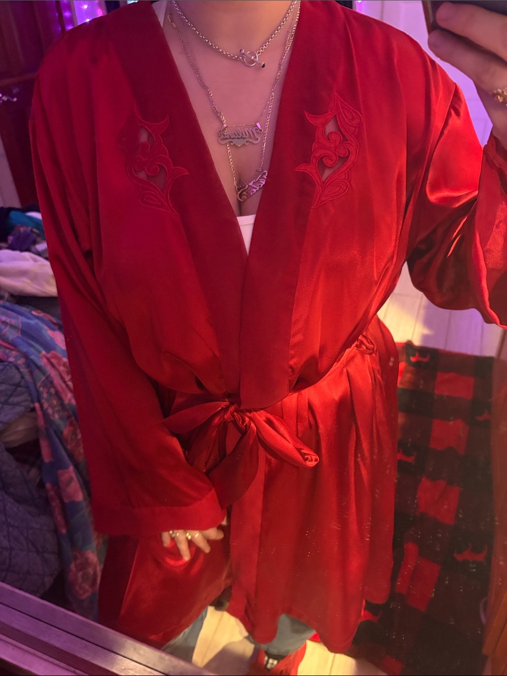 VINTAGE LINGERIE & Co Red Satin Women's Robe with Embroidered Detail and organza